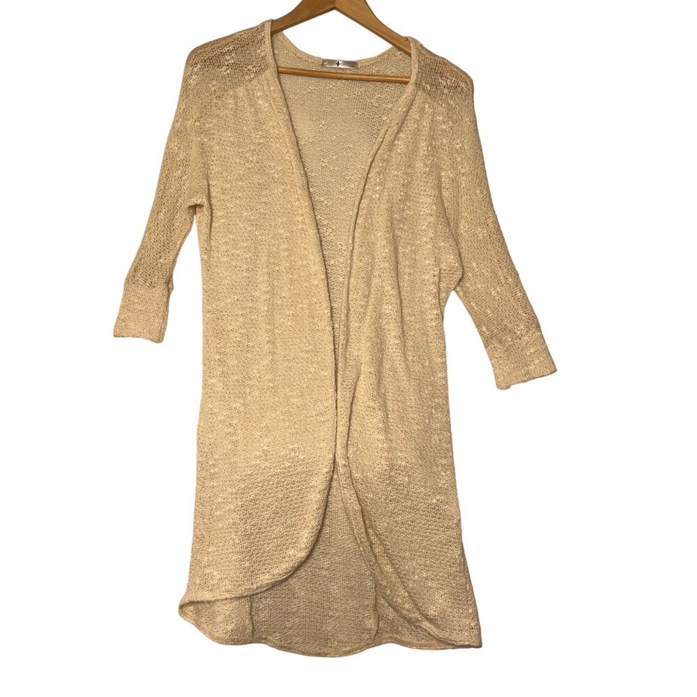 Beige Blu Planet Long Open Knit Duster Cardigan With 3/4 Sleeves Made In USA
